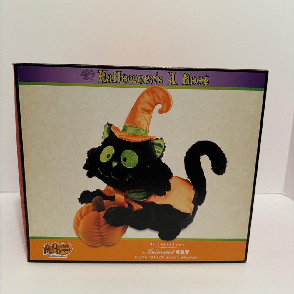 Cracker Barrel Animated Plush Halloween Witch Black Cat Plays Black Magic Woman